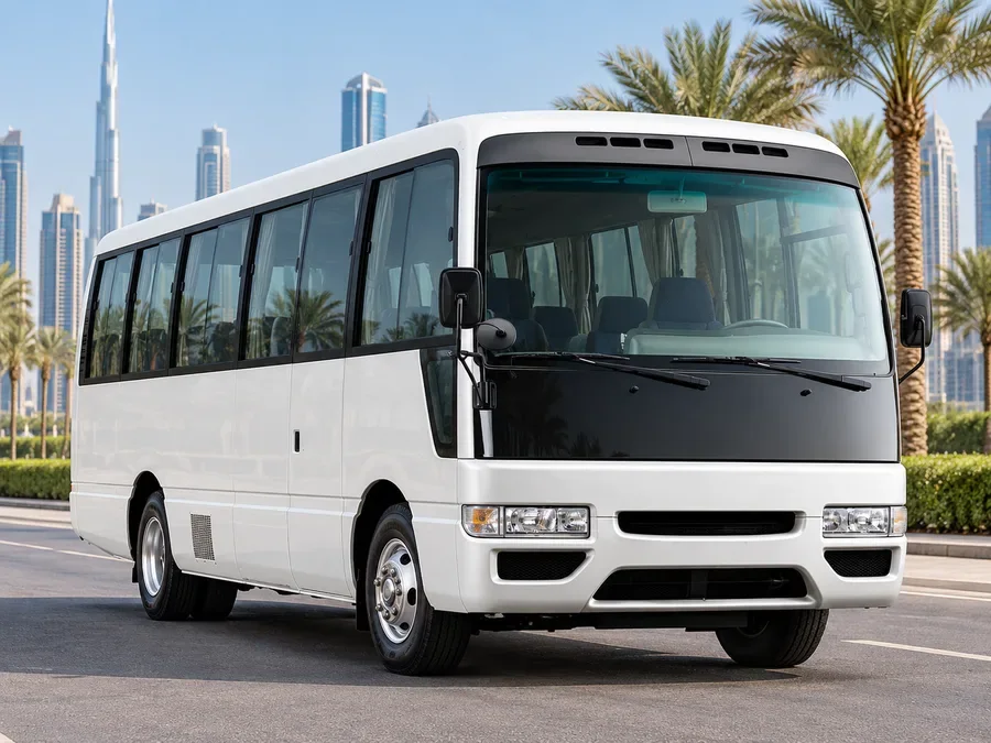 Passenger transport vehicle illustrating Nissan Civilian Bus Rental Dubai