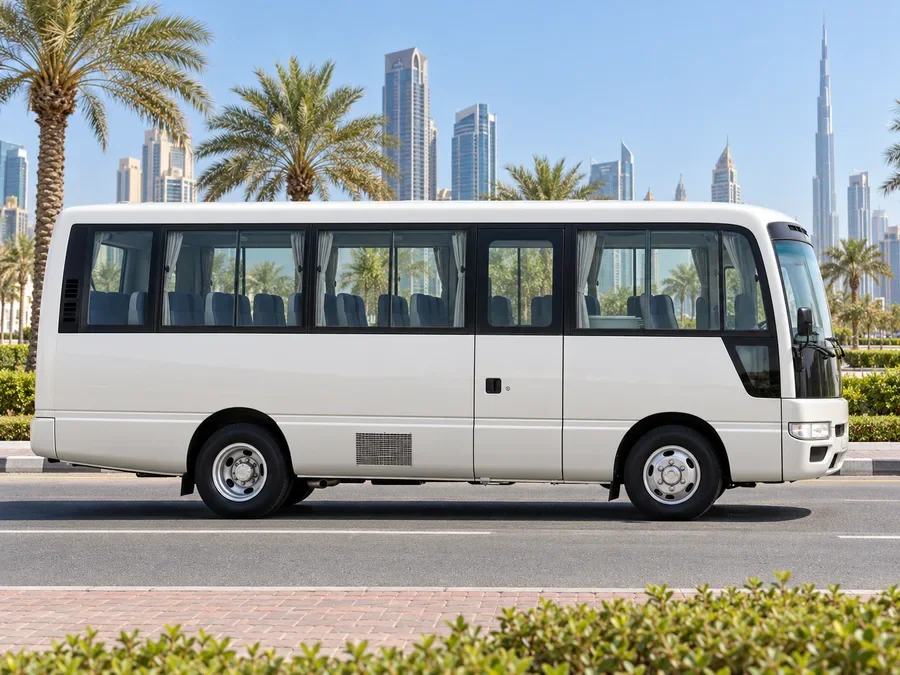 Passenger transport vehicle illustrating nissan civilian bus rental dubai