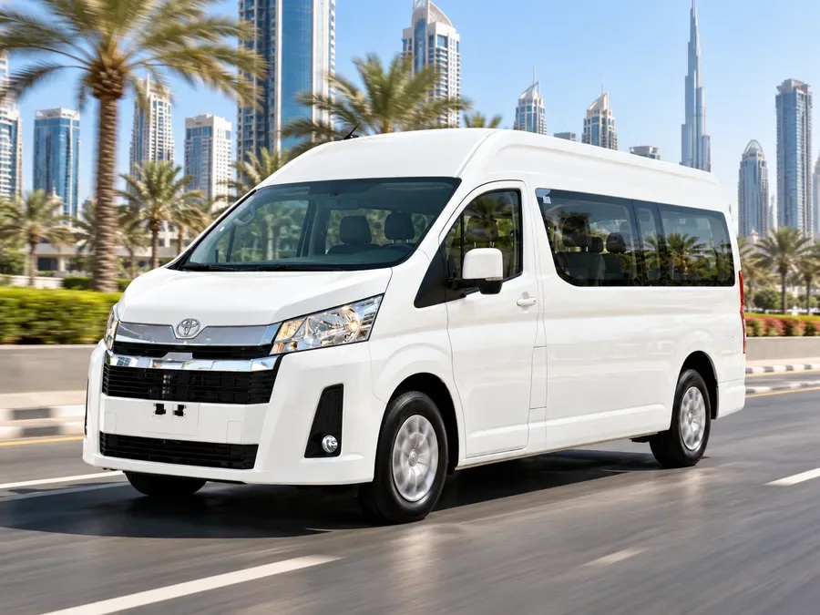 Toyota hiace passenger van illustrating 13 Seater Van Rental Dubai