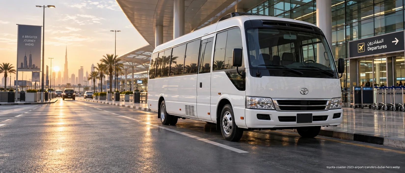 Passenger bus for airport transfers illustrating DXB & DWC: Dubai Airport Options
